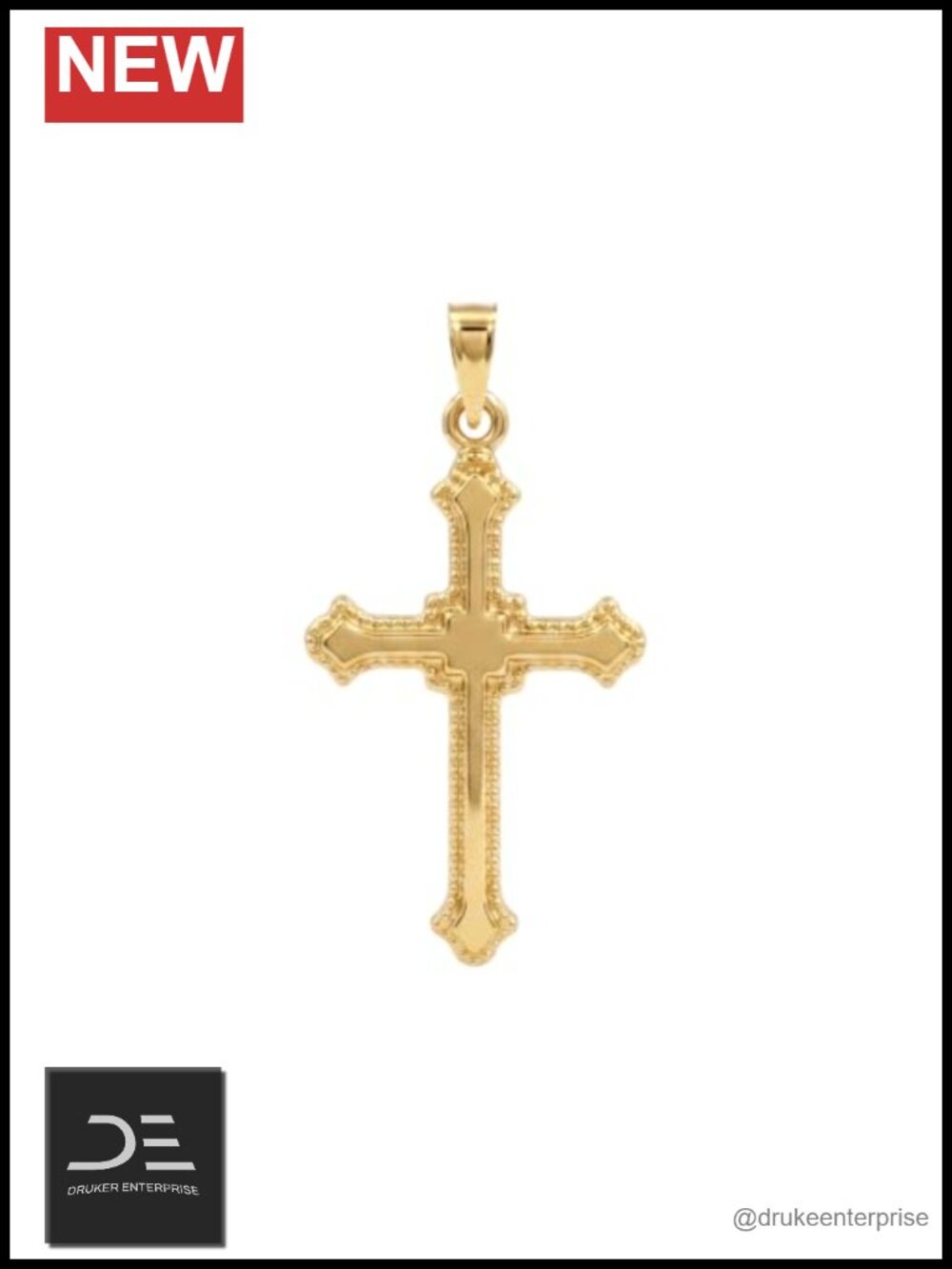 14K Yellow Gold Pendant with Budded Edge Design Diamond Cut Cross Gold Chain